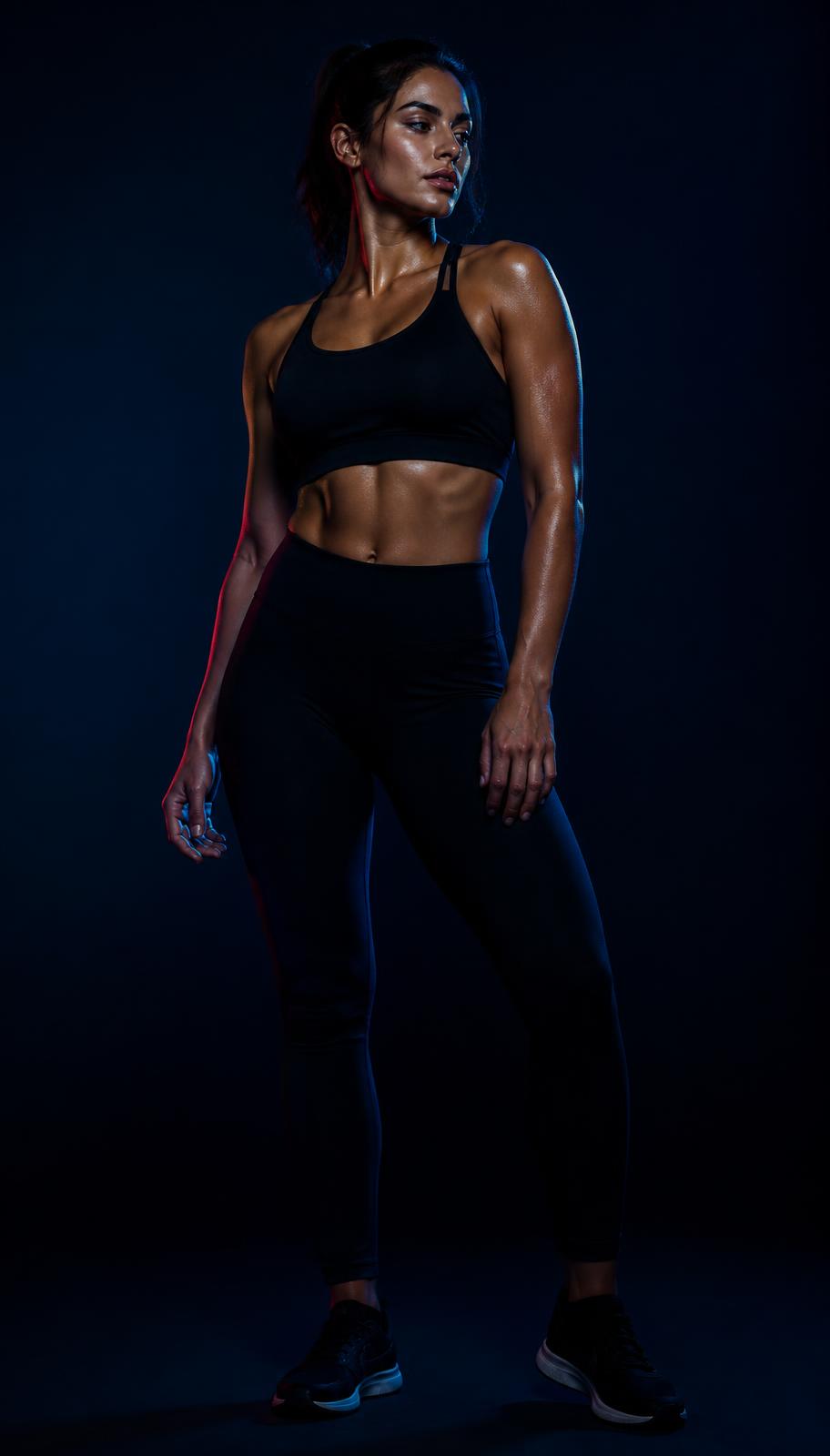 Mulher com corpo firme e definido em luz azul dramática